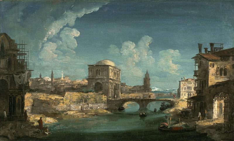 Michele Marieschi Capriccio with Buildings on a River by a